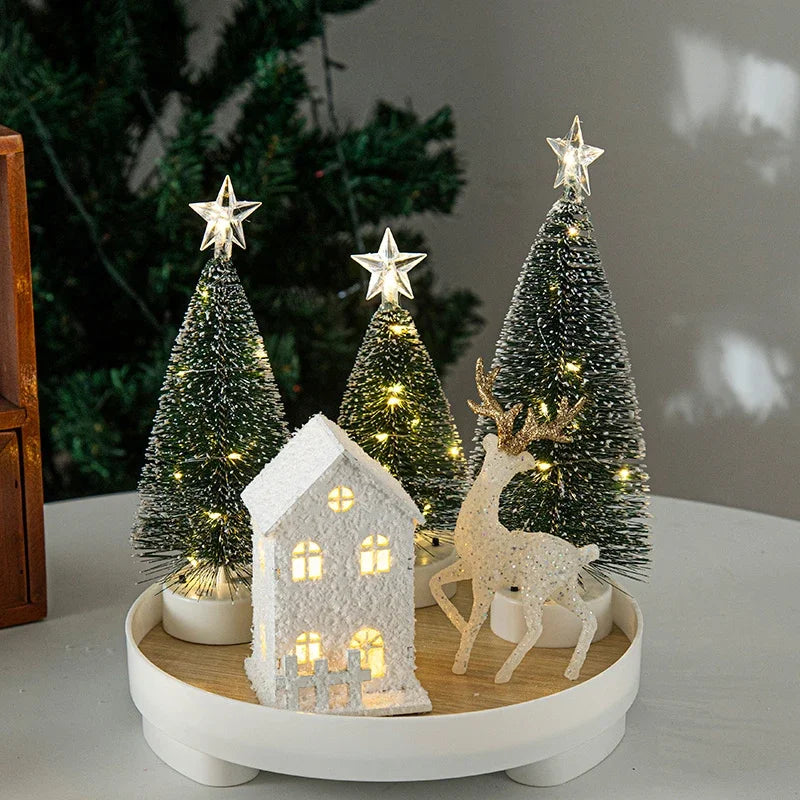 Christmas Decorations Cute Elk Snow House Christmas Tree Ornaments Glowing Xmas New Year Atmosphere Props Navidad Gifts