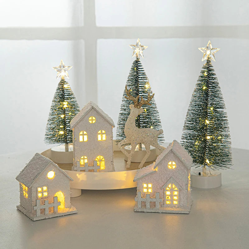 Christmas Decorations Cute Elk Snow House Christmas Tree Ornaments Glowing Xmas New Year Atmosphere Props Navidad Gifts